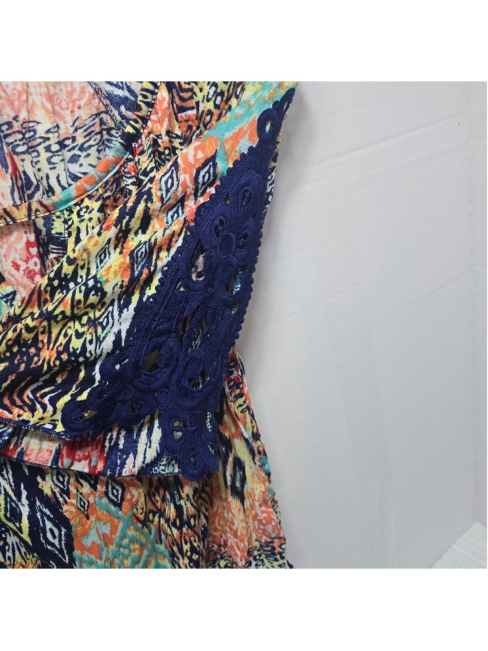 Women's Inspire Multi-color Blouse with Blue Crochet Sleeves, Size S - Picture 6 of 8